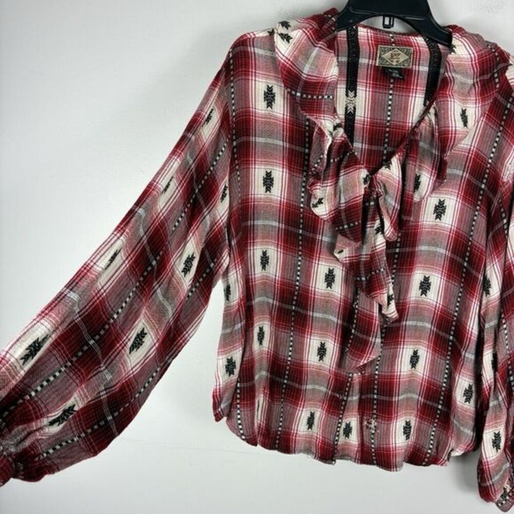 Vintage‎ Cabin Western Southwestern Red Rodeo Womens Top Sz L Ruffle Long Sleeve - Picture 3 of 7